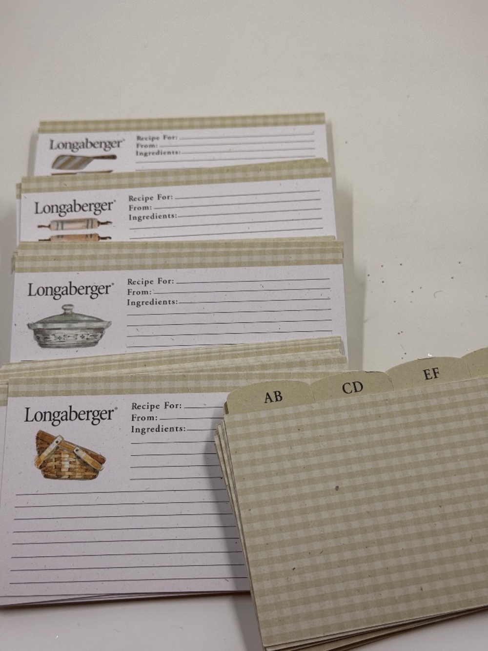 Green/White Gingham 4 " ..Longaberger Recipe Cards and Dividers ..1994